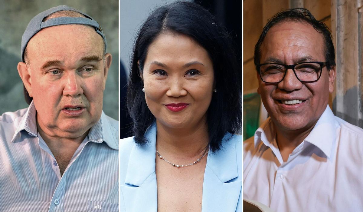 Rafael López Aliaga, Keiko Fujimori y Roberto Sánchez, los tres candidatos que se disputan llegar a la segunda vuelta en Perú.