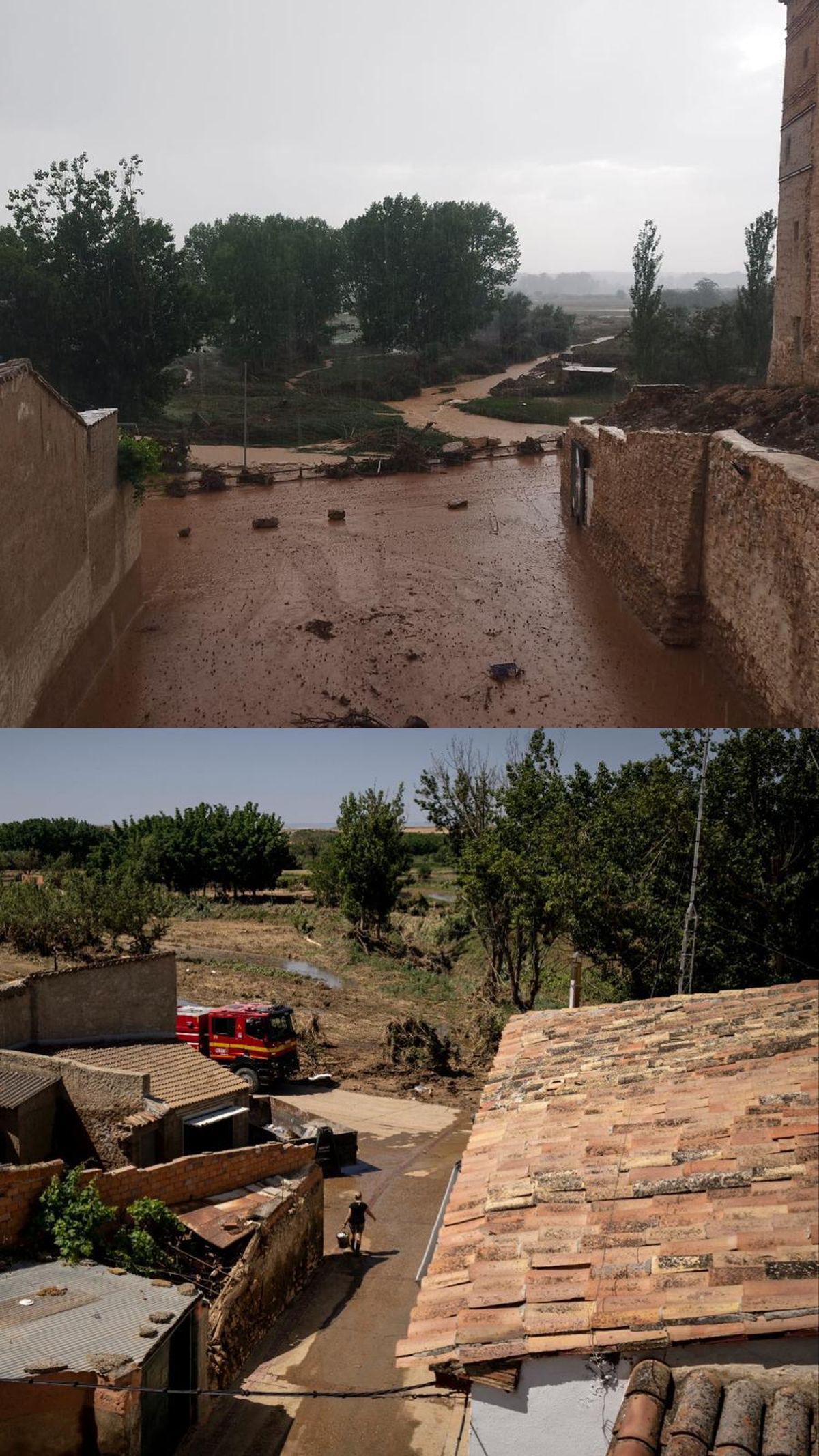 Vistas de Letux desde la casa de Carlos Calvo: arriba, el viernes de las tormentas; abajo, una semana después de las lluvias.