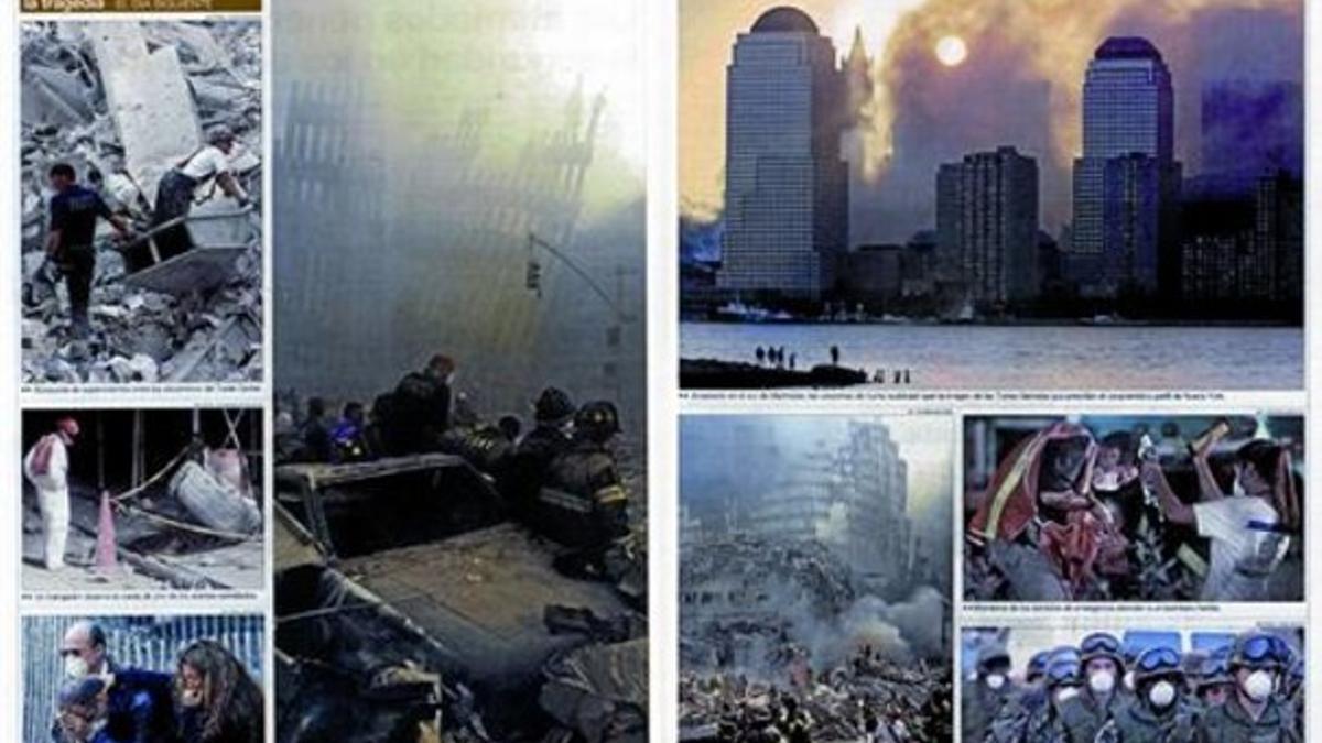 Arriba, página doble visual del Tema del Día de los atentados del 11-S, en el 2001. Abajo, el primer titular de portada, del 26 de octubre de 1978, ilustrativo de que nacía una nueva manera de explicar las cosas.