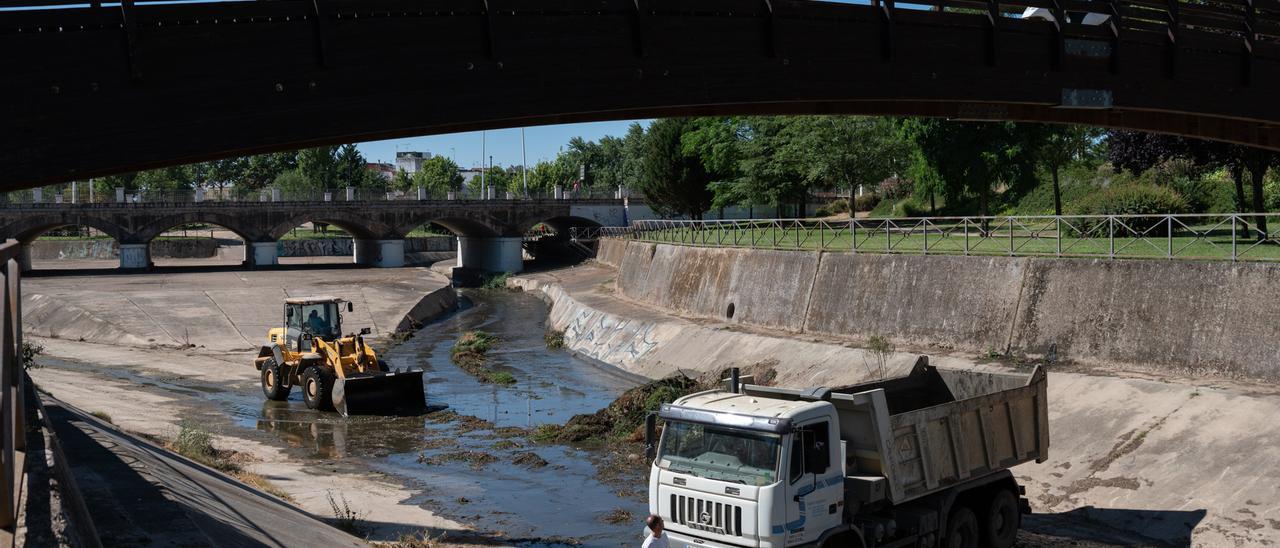 Los operarios trabajan con las máquinas en la limpieza de los arroyos Rivillas y Calamón.