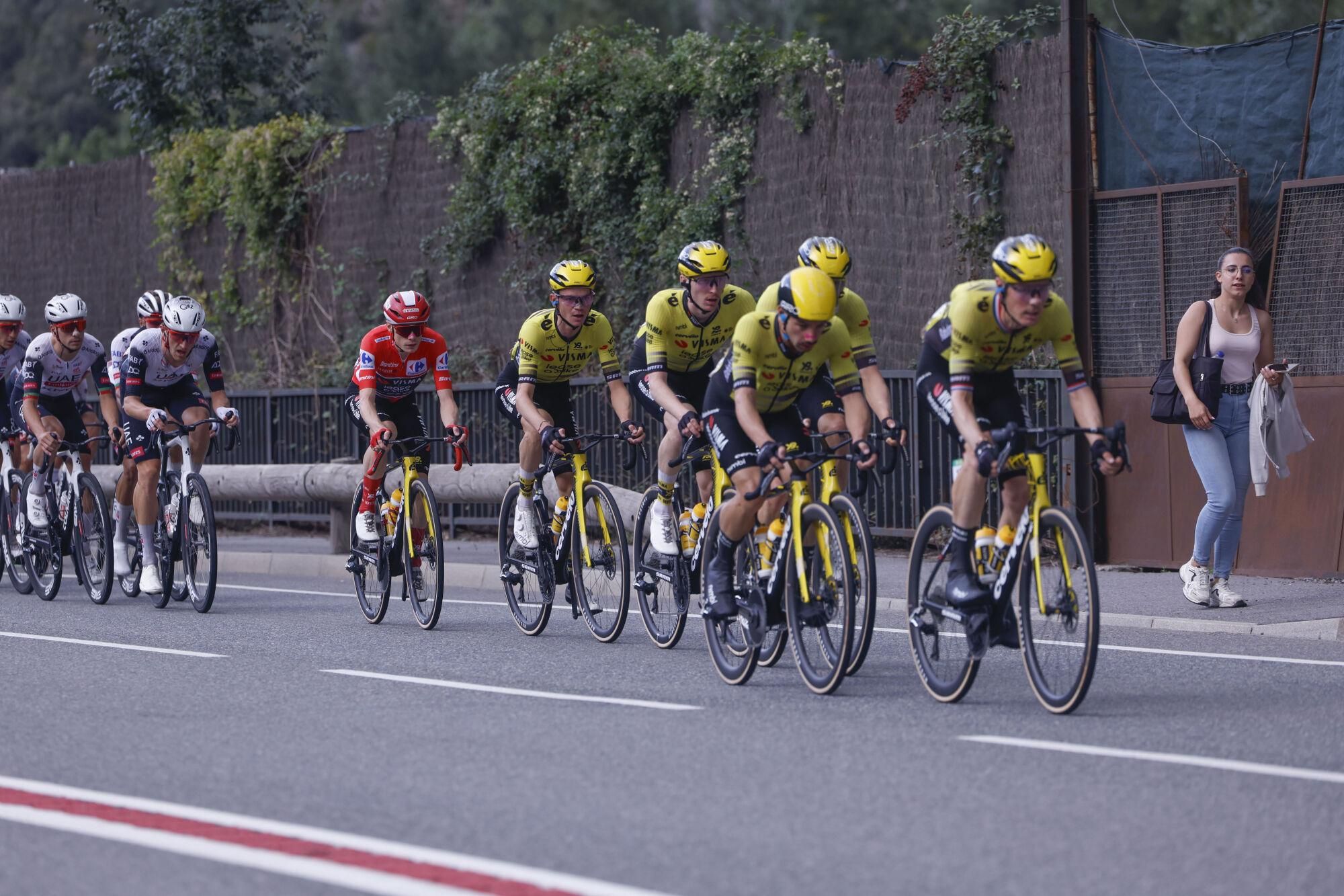 Riders of Visma-Lease a Bike with overall leader Danish Jonas Vingegaard (red helmet) lead the pack during the sixth stage of La Vuelta A Espana cycling tour over 170.3km from Olot to Pal (Andorra), Olot, Catalonia, Spain, 28 August 2025. EFE/ Javier Lizon