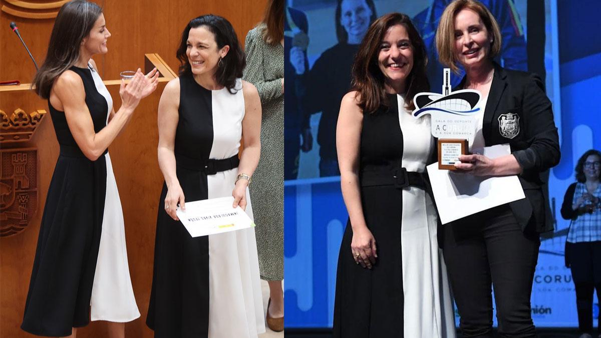 La reina Letizia junto a la premiada en la gala de este jueves (izqda.) y la alcaldesa Inés Rey (dcha.), el pasado viernes, en la Gala do Deporte da Coruña e a súa Comarca.