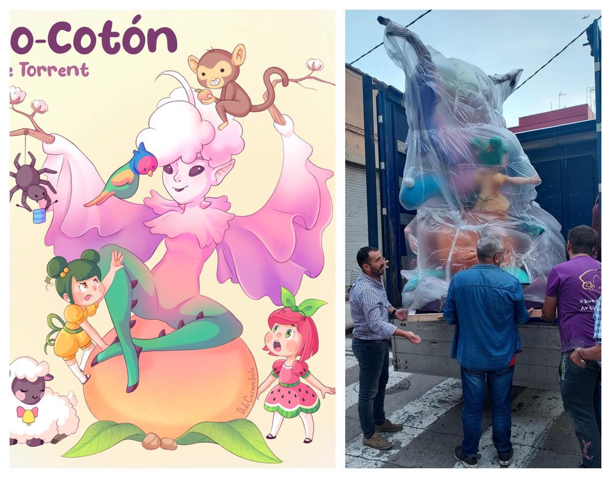 La falla infantil, en boceto y ya descargada en la falla.