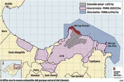 Gráfico con la nueva extensión del parque natural del Llevant.