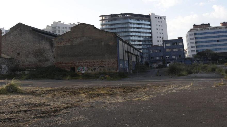 Parte de la parcela municipal en Naval Gijón, ya desbrozada, separada por una valla de los terrenos propiedad de Pymar en el antiguo astillero. Al fondo, los edificios de la urbanización de Poniente. | ÁNGEL GONZÁLEZ