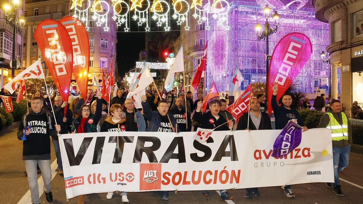 Una de las últimas manifestaciones de los trabajadores de Vitrasa, en elc entro de Vigo