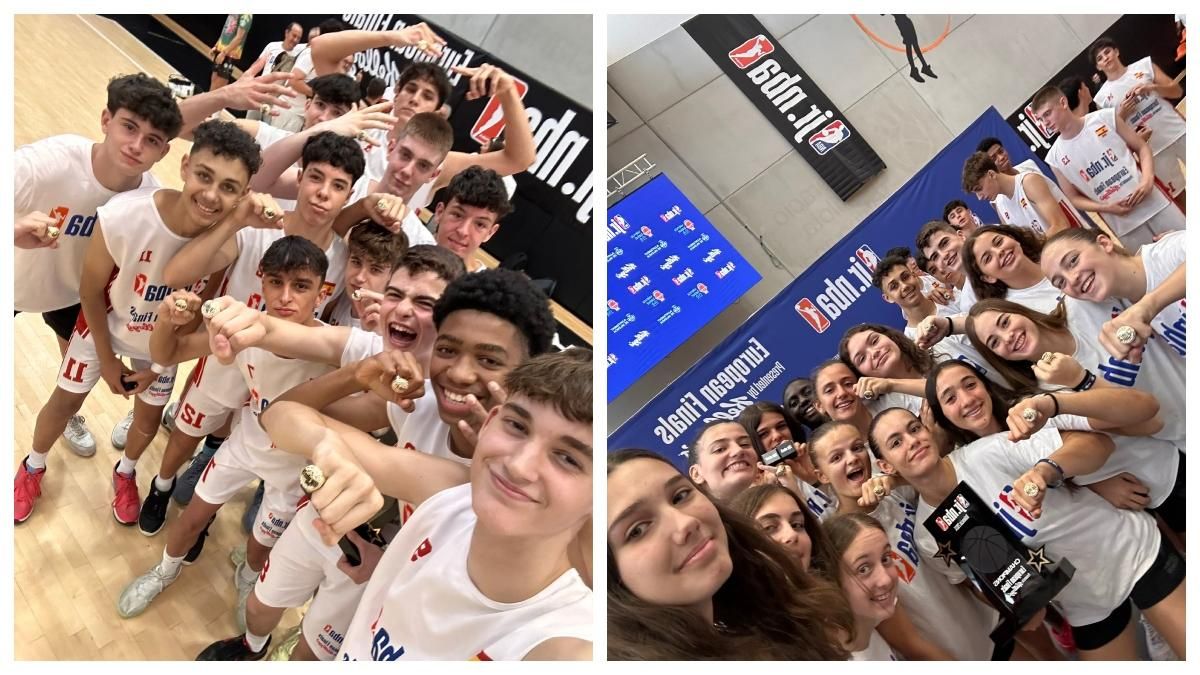 Los jugadores U15 posan con sus anillos de las Jr. NBA European Finals