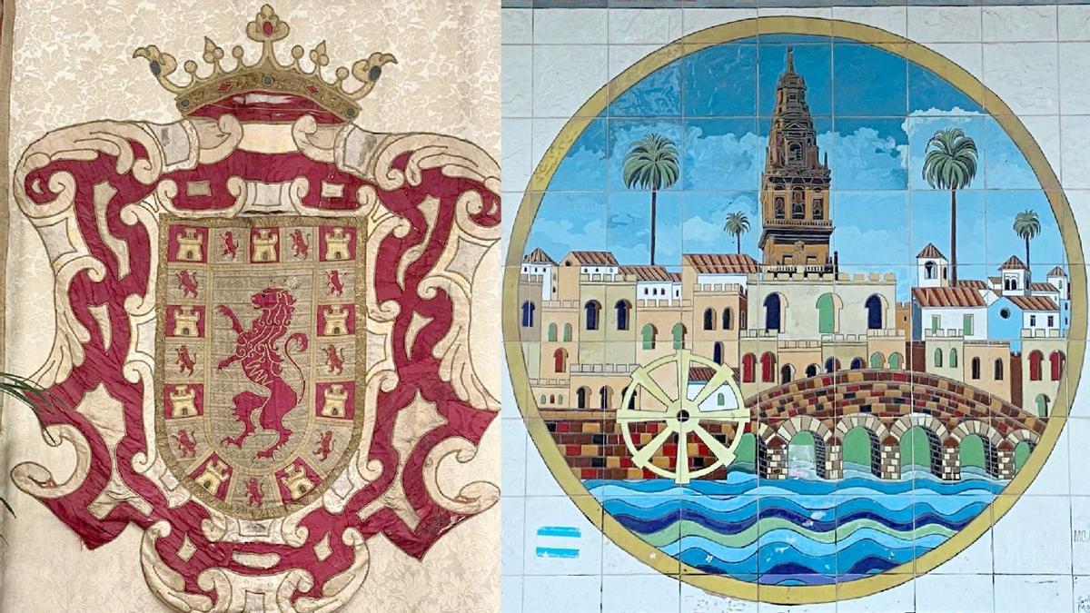 Escudo de Córdoba con el león rampante y el escudo de Córdoba actual con la vista de la ciudad.