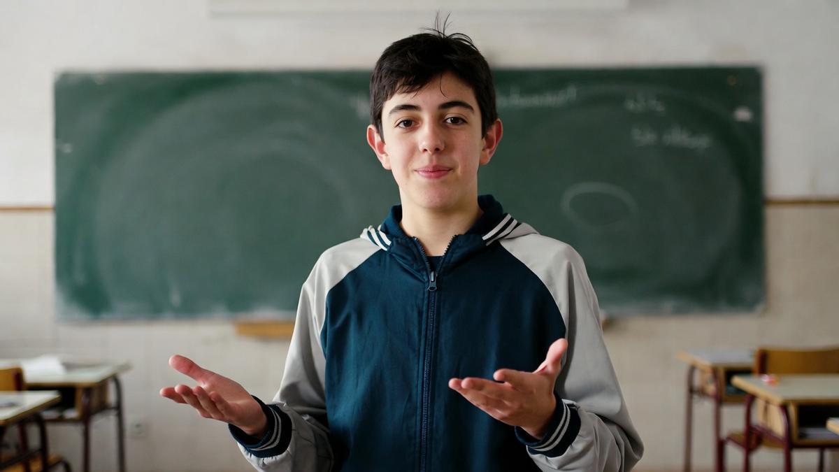 Un chaval haciendo el gesto de "six seven" en un aula.