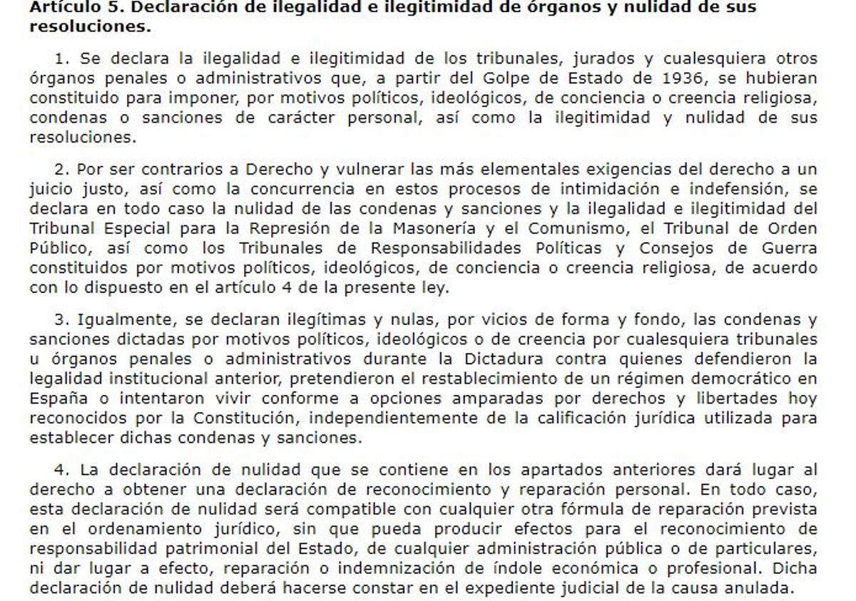 Texto del artículo 5 de la ley de Memoria Democrática