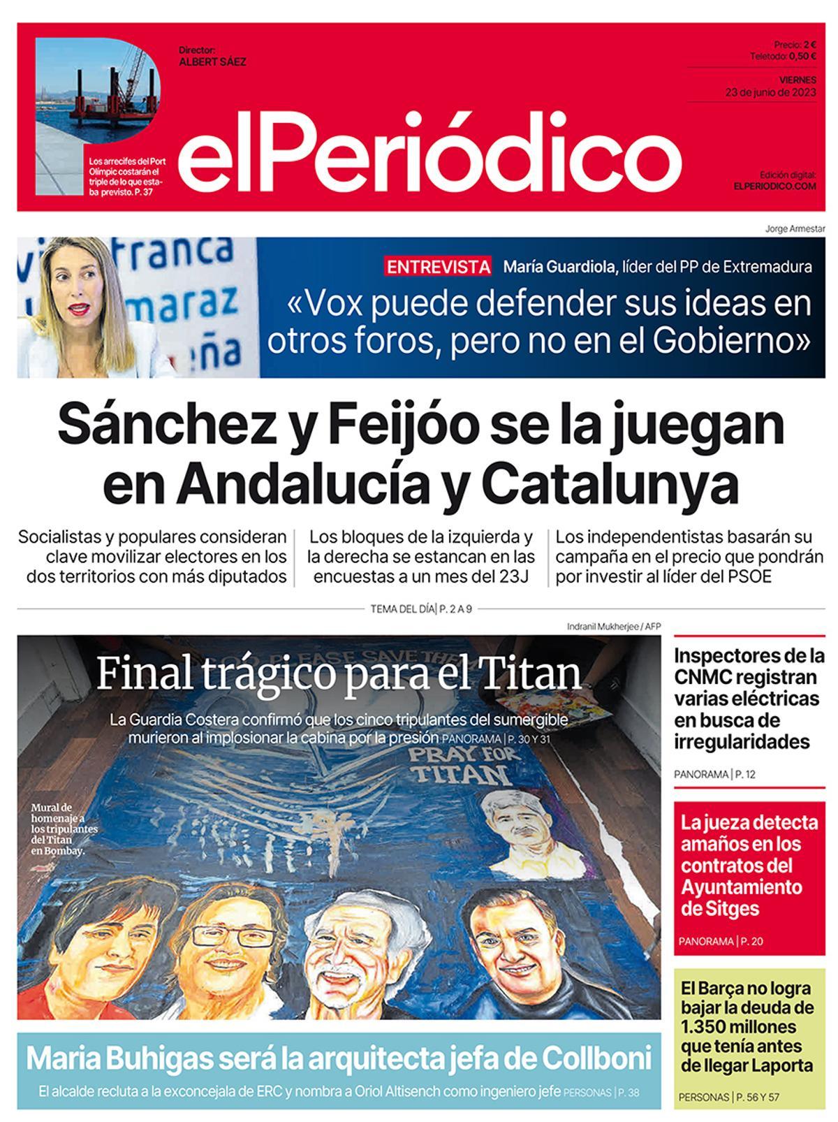 La portada d’EL PERIÓDICO del 23 de juny del 2023