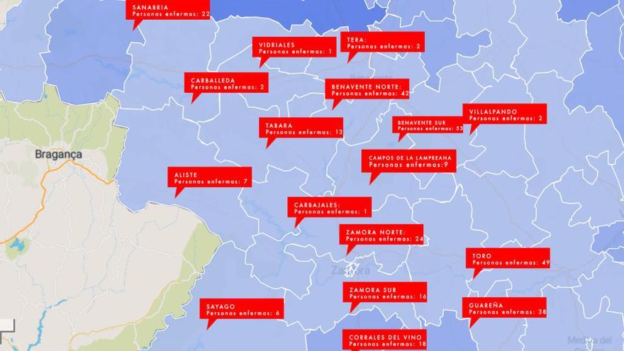 Mapa de incidencia en la provincia de Zamora.