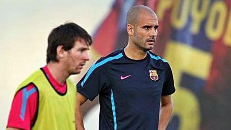 Leo Messi i Pep Guardiola, junts al Barça en una imatge del 2010