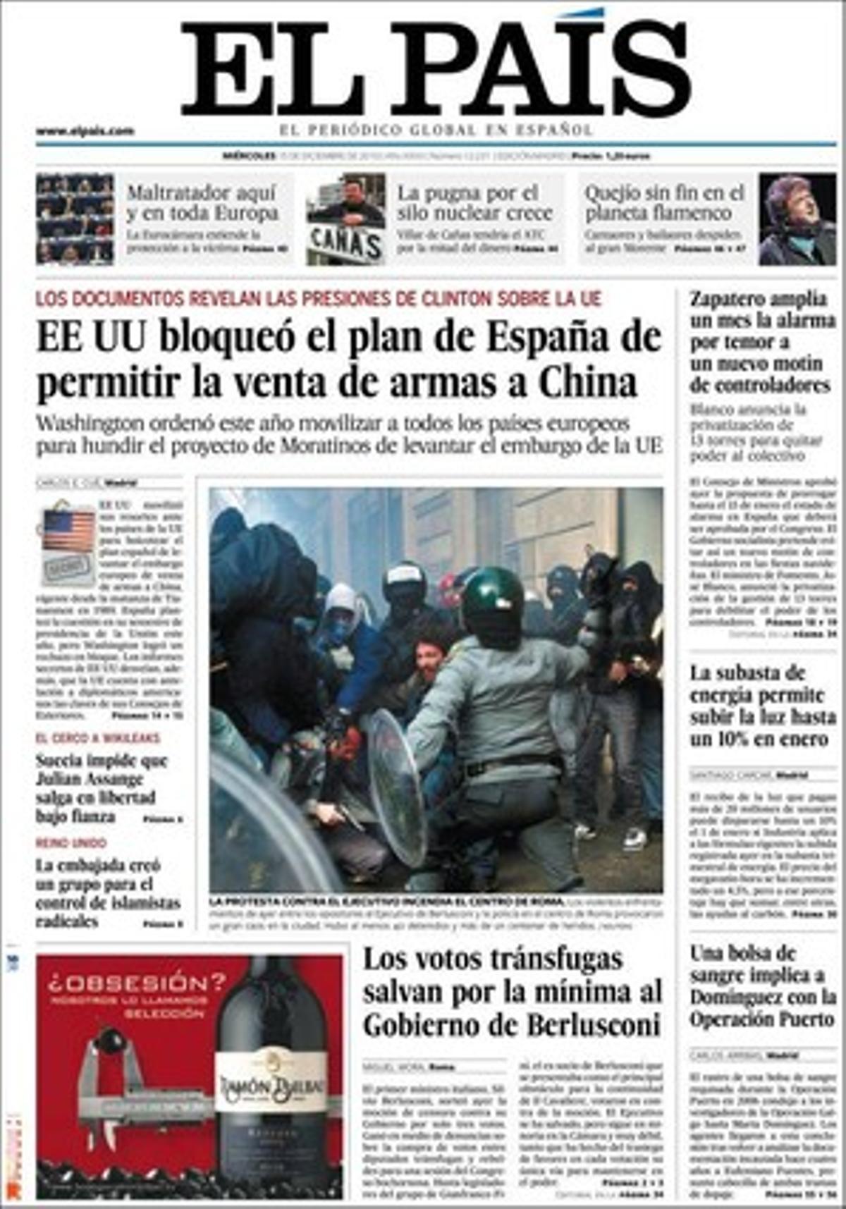 ’El País’ també ressalta a les pàgines interiors que Espanya ha de pagar quatre vegades més que al gener per finançar-se, que el consolat dels EUA a Barcelona apreciava actituds separatistes en el PSC, segons documents filtrats per Wikileaks, i que s’ha descobert una fossa comuna de la guerra civil sota una església de Corbera d’Ebre.