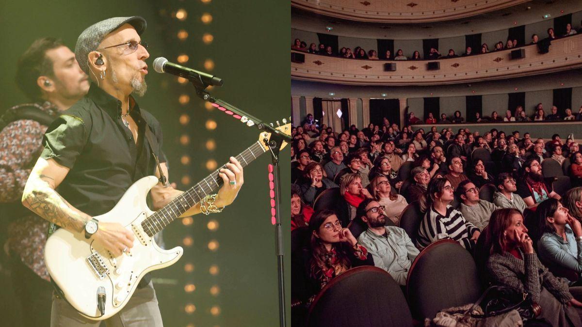 Fito y Fitipaldis durante un concierto (izquierda) y público durante la pasada edición de Cineuropa