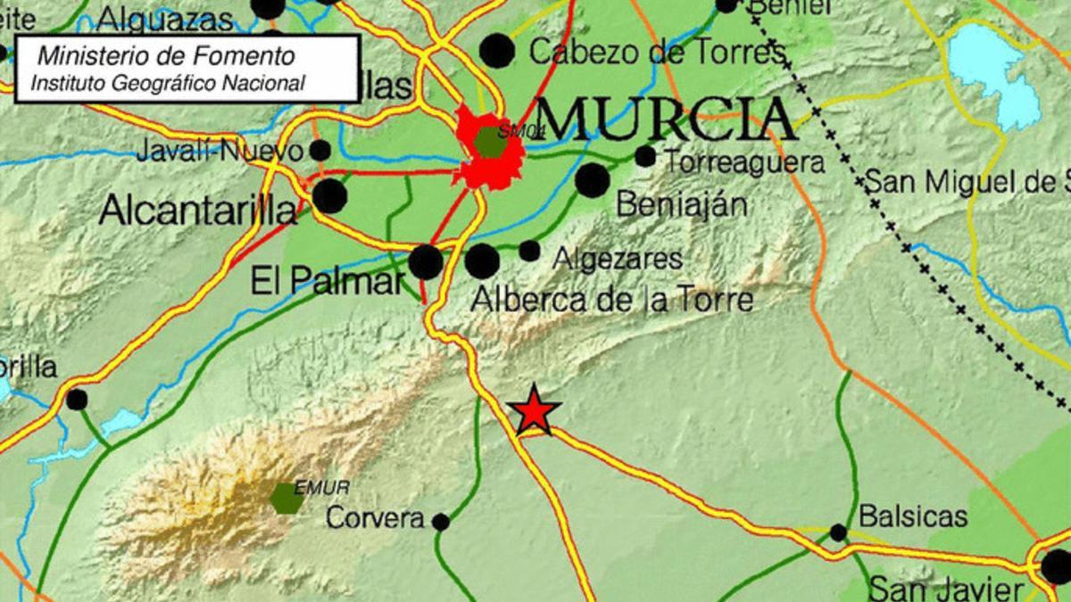 Imagen del Instituto Geográfico Nacional situando el epicentro del terremoto de Murcia.