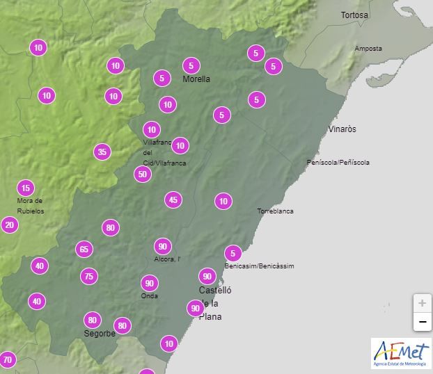 El mapa de Aemet señala el porcentaje de riesgo de precipitación por localidades. En Castelló, l&#039;Alcora y Onda es del 90%.