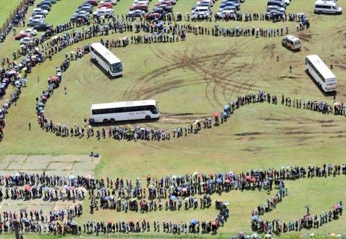 GCIS handout aerial view of people queuing to view the body of former South African President Mandela as he lies in state at the Union Buildings in Pretoria