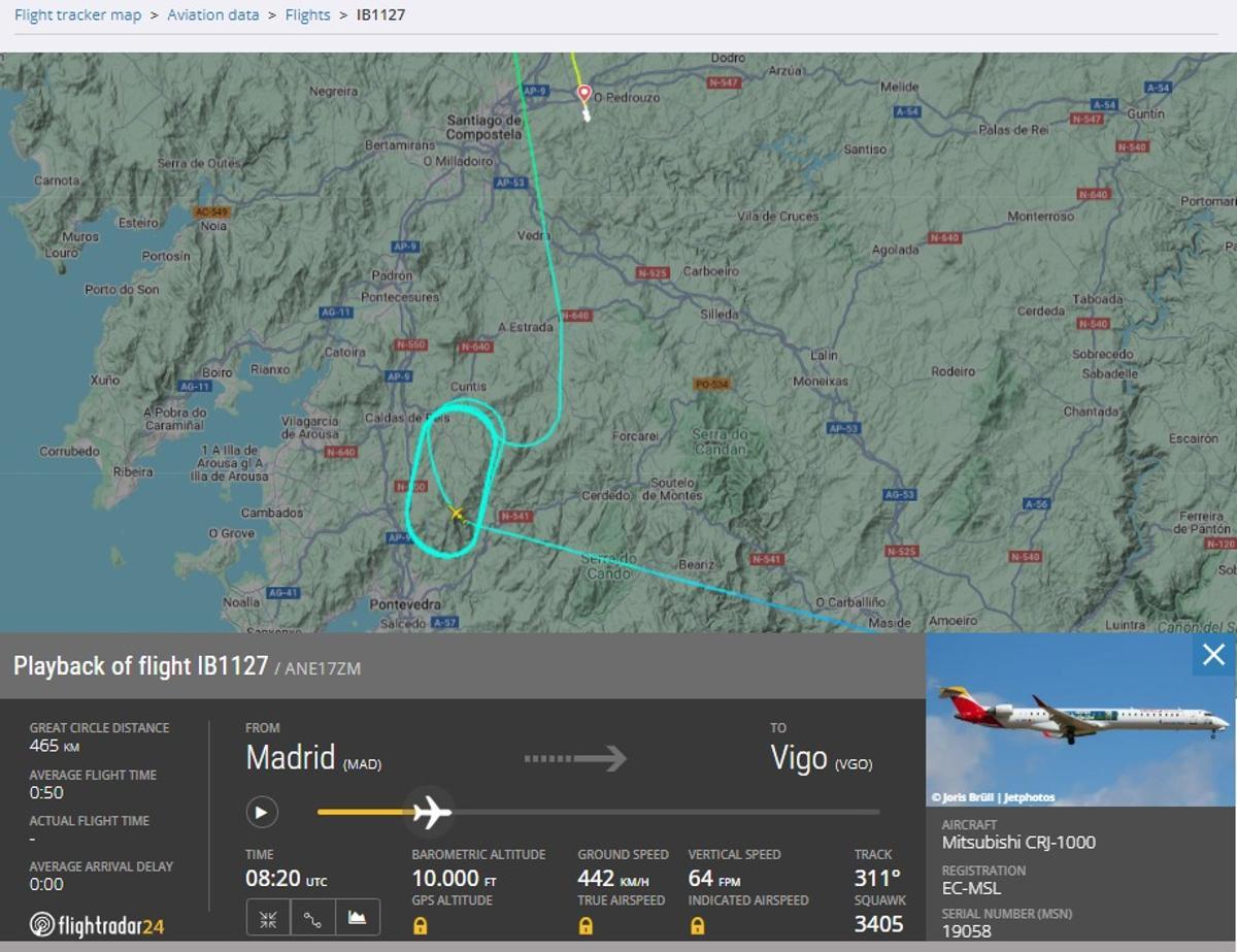 Trayectoria del IB1127 que realizó siete vueltas de esperas antes de intentar aterrizar en Peinador este lunes