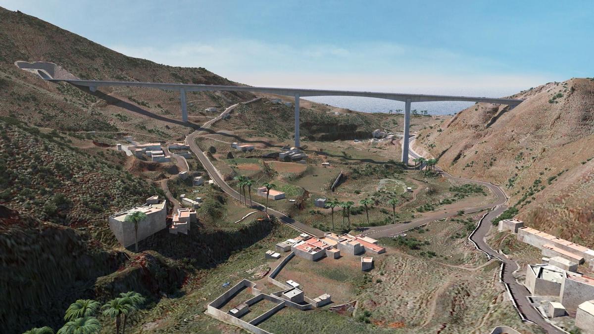 Recreación virtual del viaducto que atraviesa la localidad de El Risco, el proyecto con mayor retraso