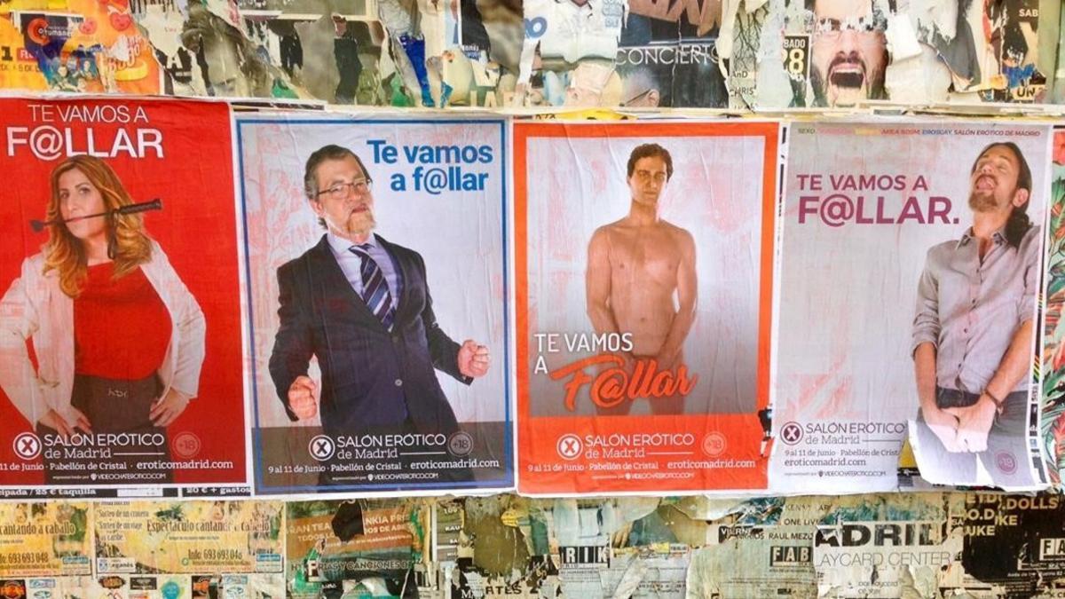 Carteles publicitarios del salón erótico de Madrid, en la calle Santa Engracia.