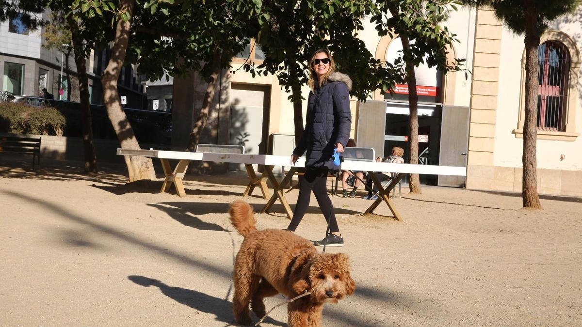 Perro en un parque de Barcelona con su dueña