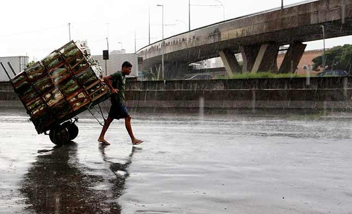 Un treballador tira un carro ple de vegetals durant un període de fortes pluges al davant al mercat municipal de Sao Paulo (Brasil).