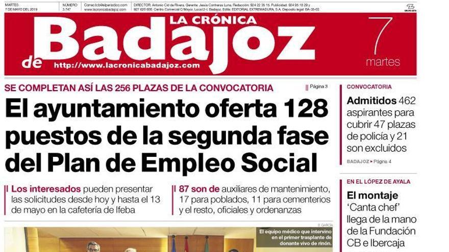 Esta es la portada de LA CRÓNICA DE BADAJOZ correspondiente al día 7 de mayo del 2019