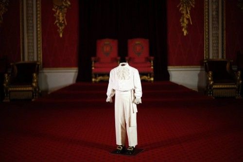 The suit worn by Prince Charles on the day of his mother's coronation is displayed in the throne room at Buckingham Palace during a media preview of this summer's exhibition, in central London