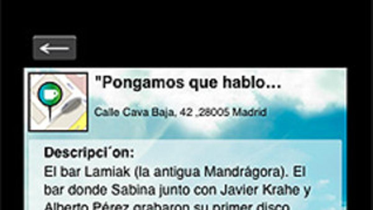Imagen de la aplicación de Itinerarium con la ruta de Joaquín Sabina por Madrid.