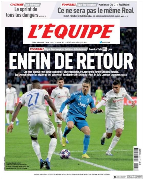 Portada L'ÉQUIPE viernes 7 agosto 2020