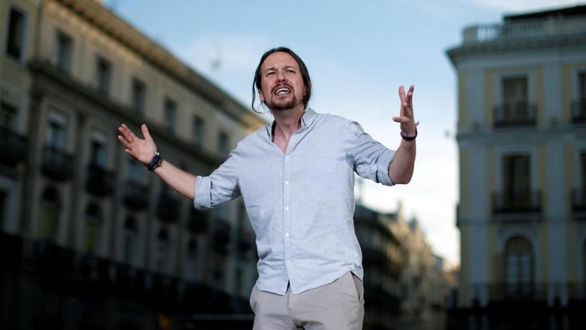 Pablo Iglesias en la concentración a favor de la moción en la Puerta del Sol (Madrid).