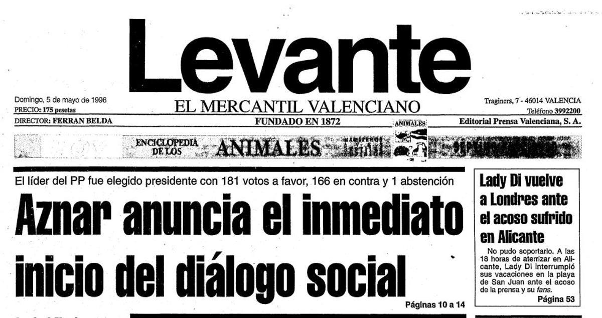 Portada del periódico Levante-EMV sobre el viaje de la princesa de Gales