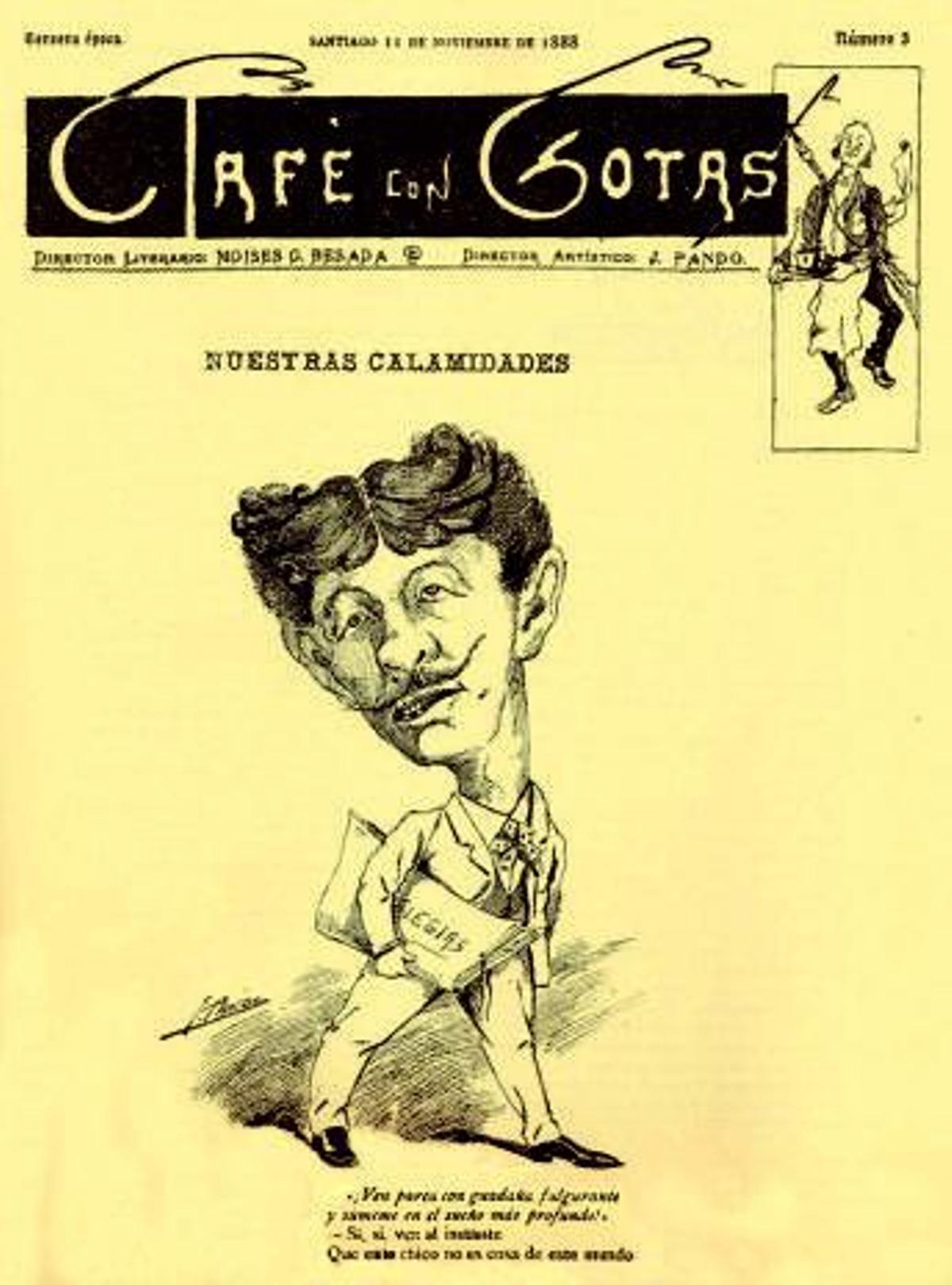 Esquerda, revista “Cafe con gotas” (Santiago 1888). Arriba, membrete e carimbo da notaría Valle-Inclán Cangas. | // ARQUIVO DO AUTOR/ FUNDACIÓN VALLE-INCLÁN