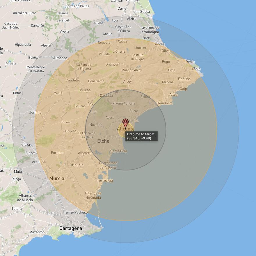 Radio de acción de la mayor bomba nuclear en el caso de que se lanzara sobre Alicante