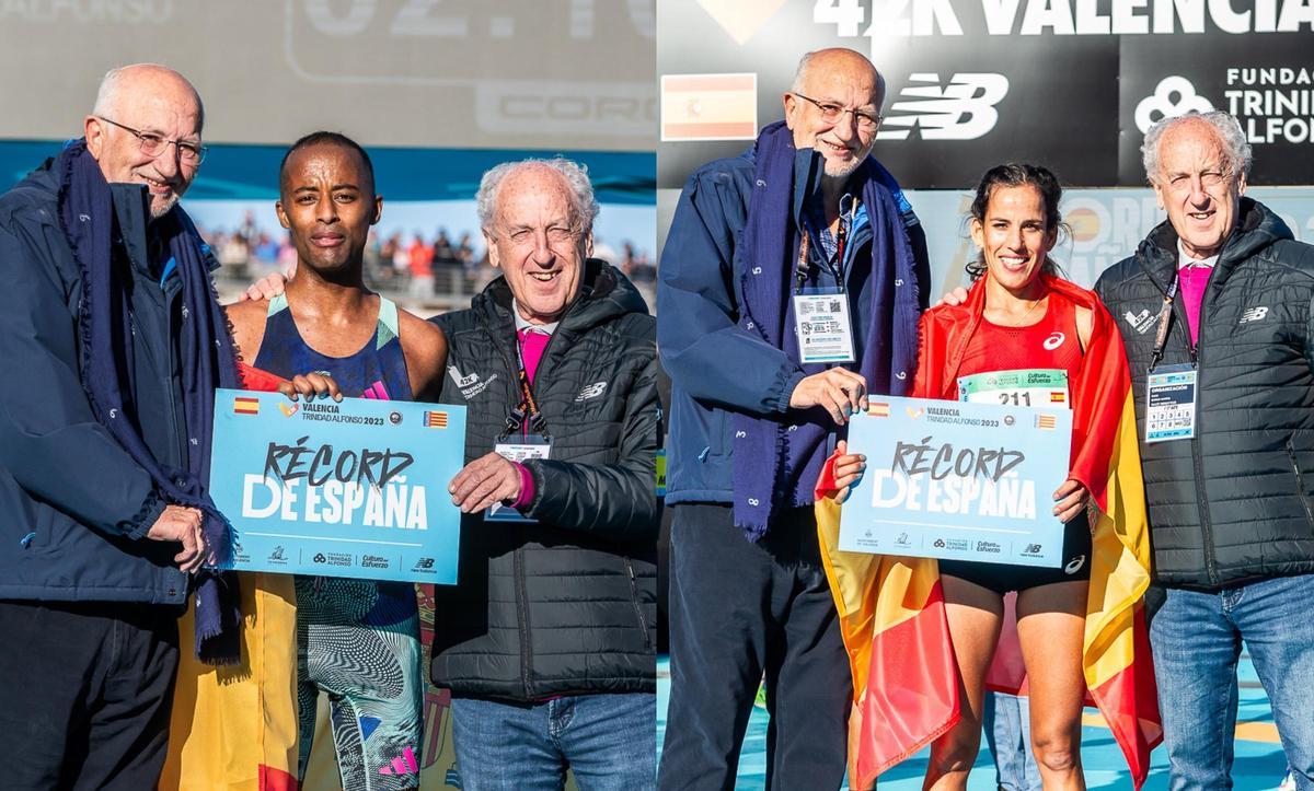 Tariku Novales y Majida Maayouf tras pulverizar los récords de España de maratón.