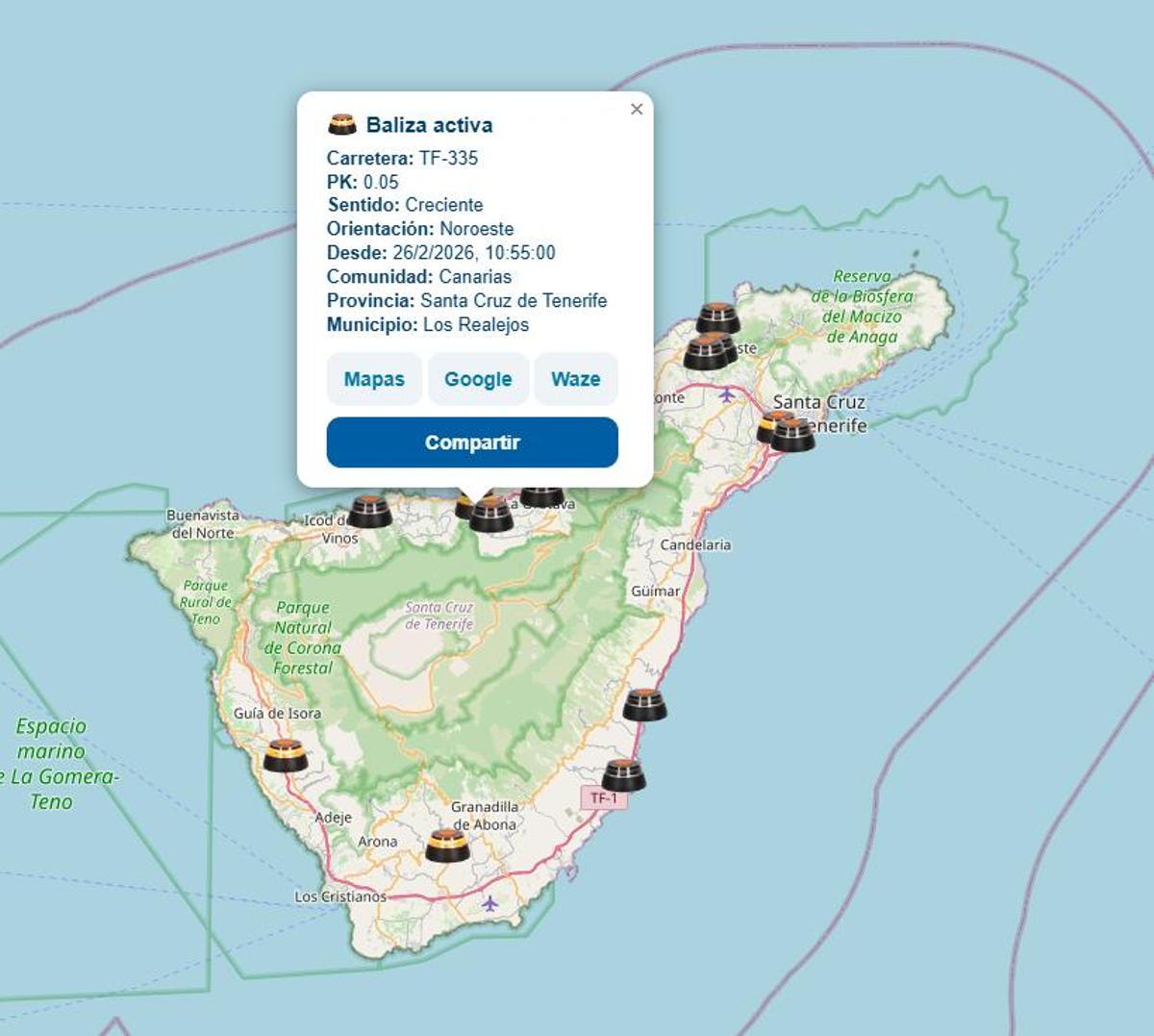 Mapa que muestra las balizas