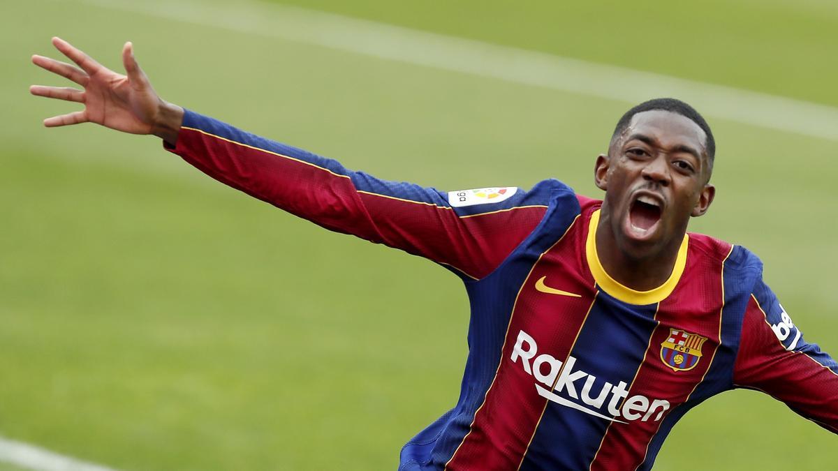 Dembélé celebra un gol con el FC Barcelona