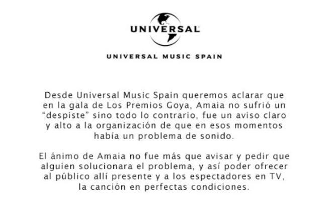 Comunicado de Universal sobre Amaia Romero