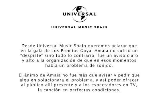 Comunicado de Universal sobre Amaia Romero