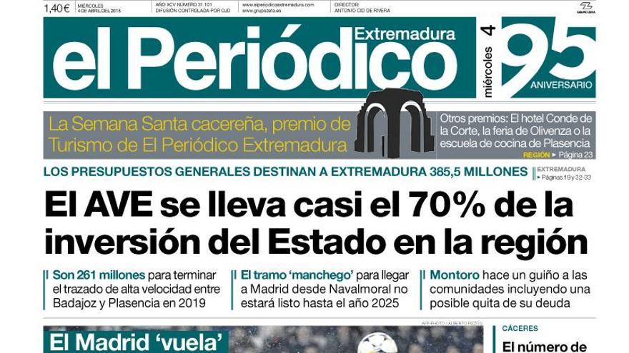 Esta es la portada de EL PERIÓDICO EXTREMADURA correspondiente al día 4 de abril del 2018