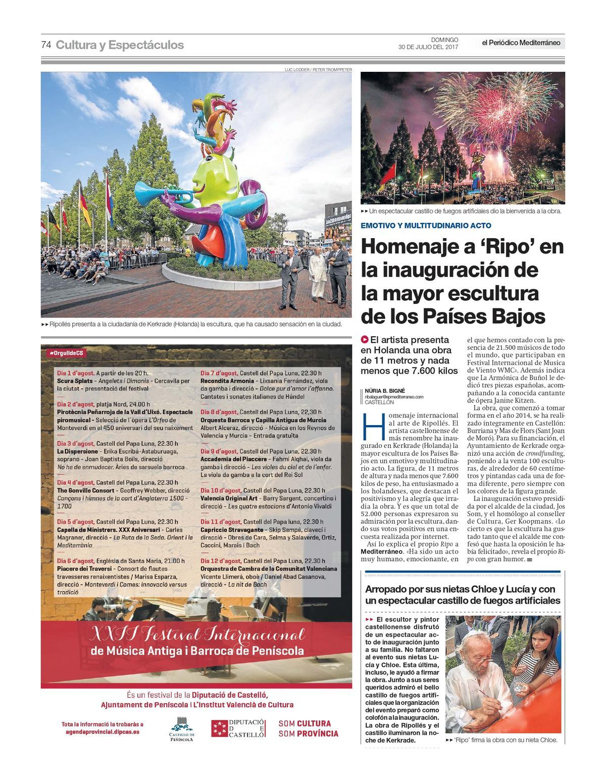 Página impresa de la edición de 'Mediterráneo' del 30 de julio de 2017 sobre la inauguración de la obra de 'Ripo'.