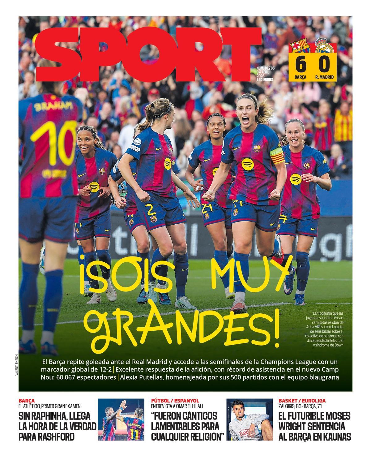 Esta es la portada de SPORT de hoy viernes, 3 de abril de 2026