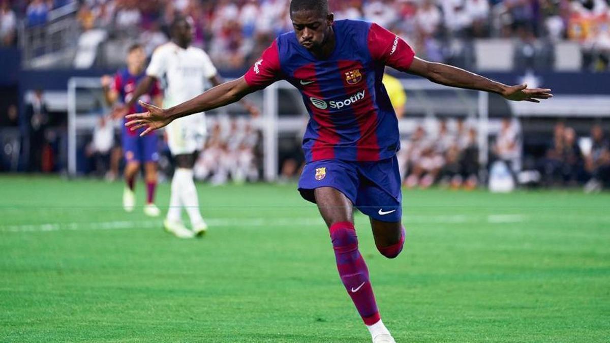 Dembelé celebra el primer gol del partido amistoso contra el Real Madrid en Estados Unidos.