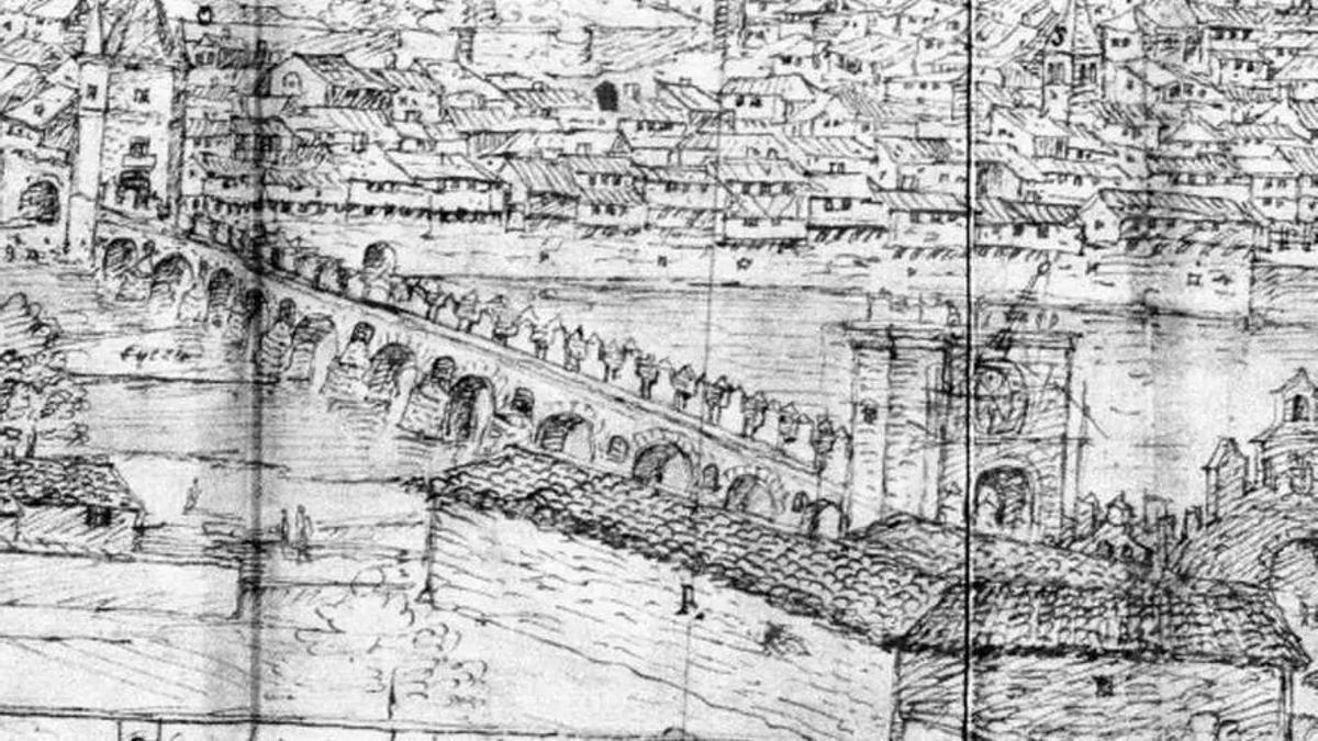 Dibujo del puente de Piedra. Anton van der Wyngaerde. Año 1570