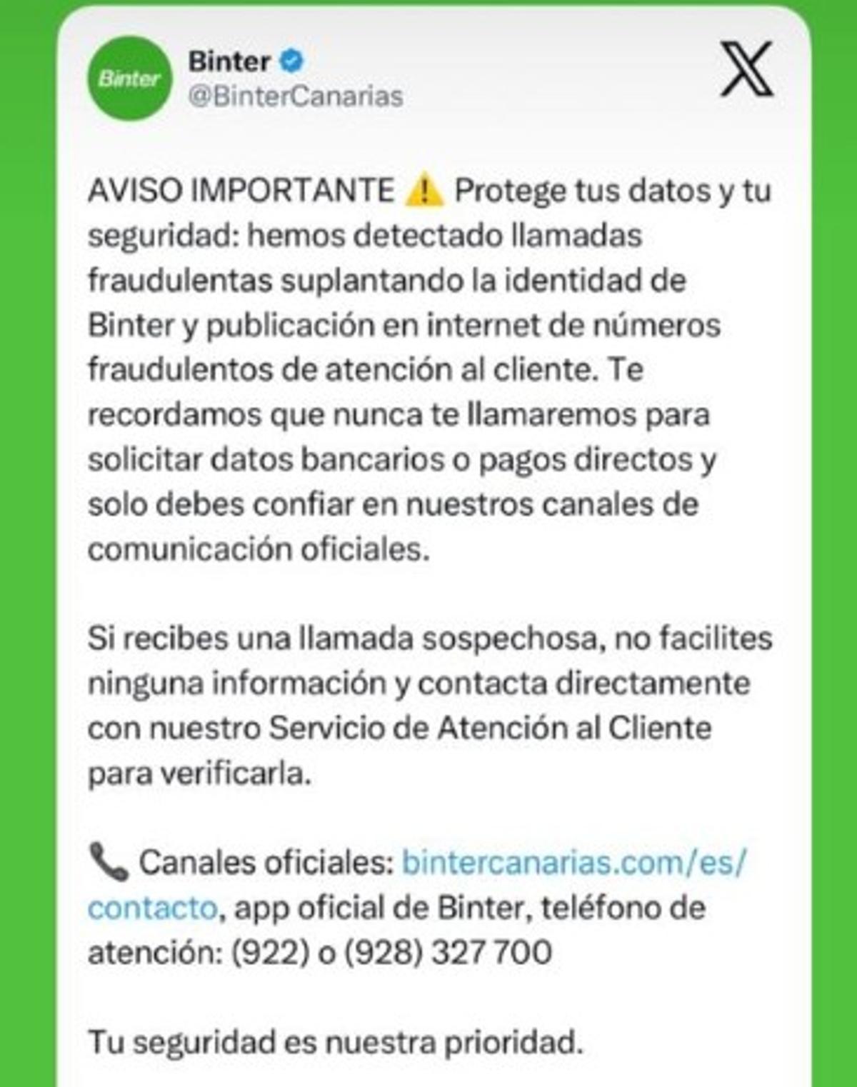 La aerolínea sube a sus redes un mensaje urgente ante llamadas sospechosas de fraude