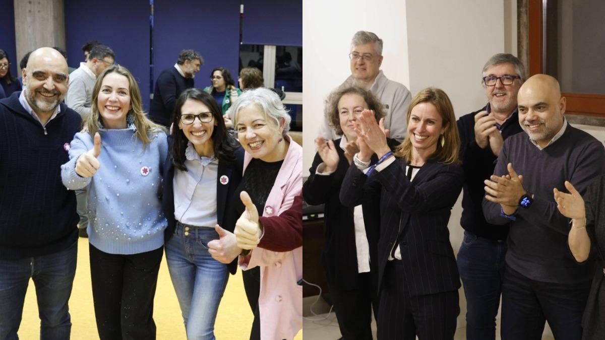 Rosa Crujeiras, a la izquierda, y Maite Flores, celebraron junto a sus equipos el pase a la segunda vuelta en la carrera por el Rectorado de la USC.