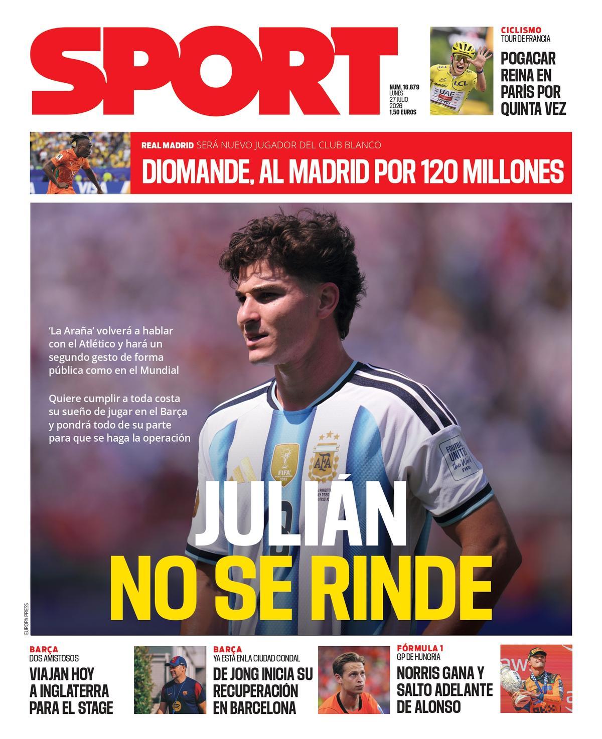 La portada SPORT de hoy, lunes 27 de julio de 2026