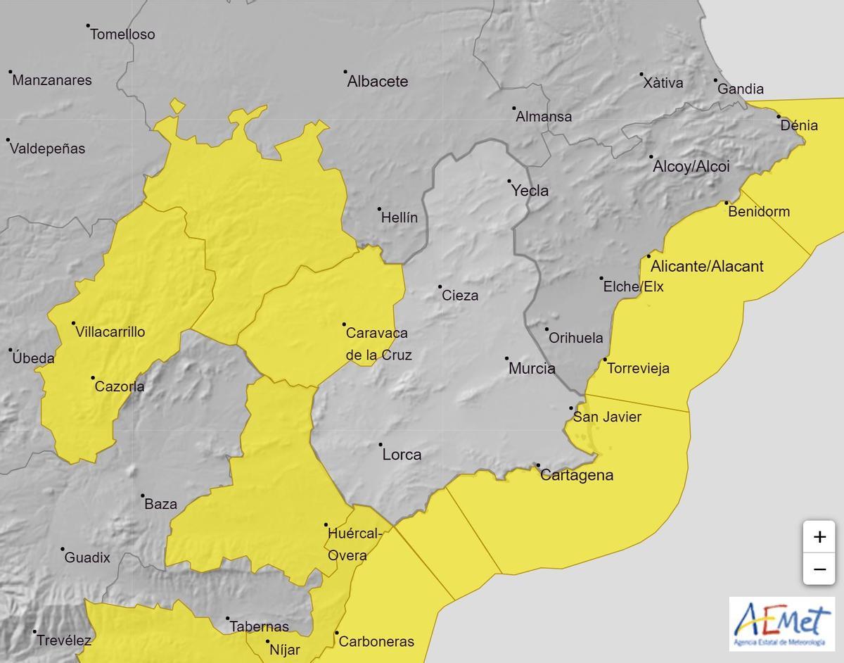 Mapa de la Región con la alerta amarilla por fenómenos costeros.