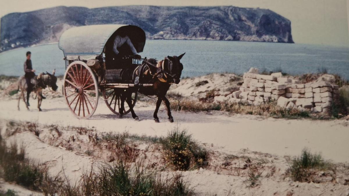 Imagen de 1959 de un carro que traquetea por el Primer Muntanyar, entonces cantera de sillares de piedra tosca